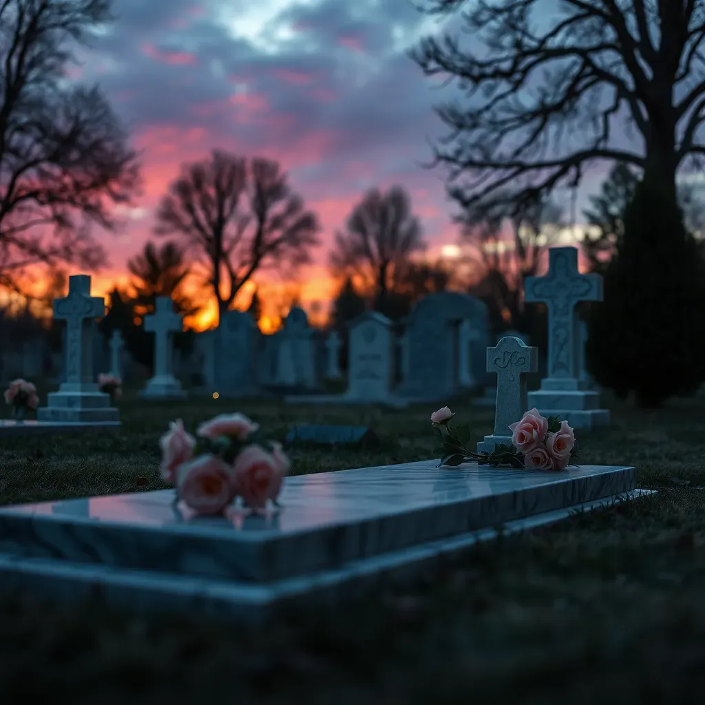 Sépulture et stèles en pierre dans un cimetière au coucher du soleil.